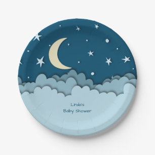 Midnight Blue Stars & Clouds 3D effect Paper Plate
