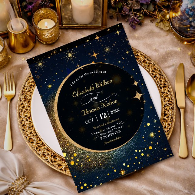 Midnight Blue Stars Moon celestial Halo wedding Invitation (Creator Uploaded)