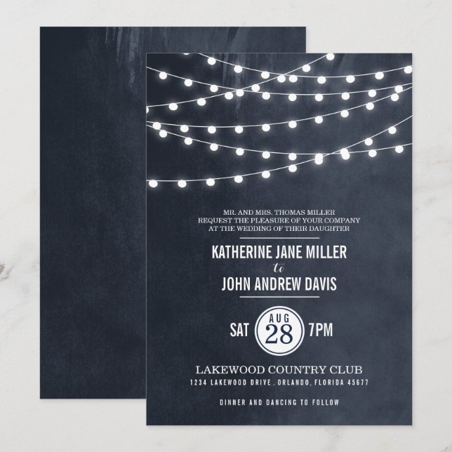 Midnight Blue String Lights Wedding Invitation (Front/Back)
