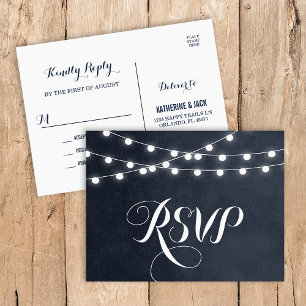 Midnight Blue String Lights Wedding RSVP Postcard