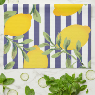 Midnight Blue Striped and Lemon Kitchen Towel