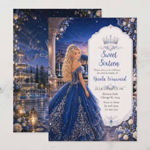 Midnight Blue Sweet 16 Princess Garden Invitation