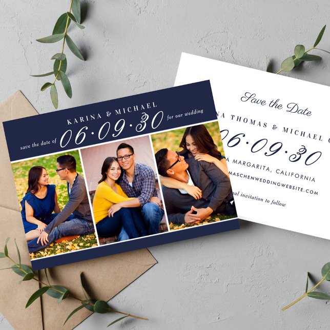 Midnight Blue Three Photo Collage Wedding Save The Date (Creator Uploaded)