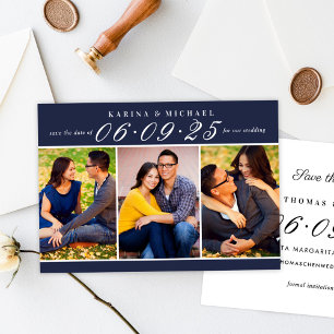 Midnight Blue Three Photo Collage Wedding Save The Date