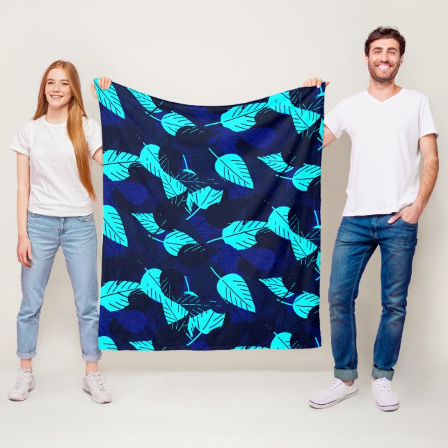 Midnight Blue Tossed Leaves Fleece Blanket (In Situ)