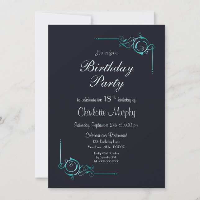 Midnight Blue & Turquoise 18th Birthday Party Invitation (Front)