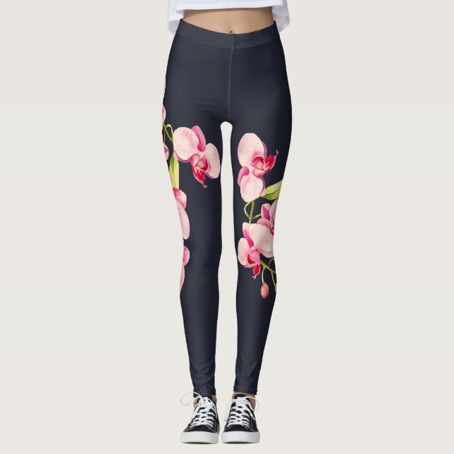 Midnight Blue vivid Pink Orchid Leggings (Front)