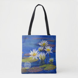Midnight Blue, White Lily Flowers Tote Design Bag