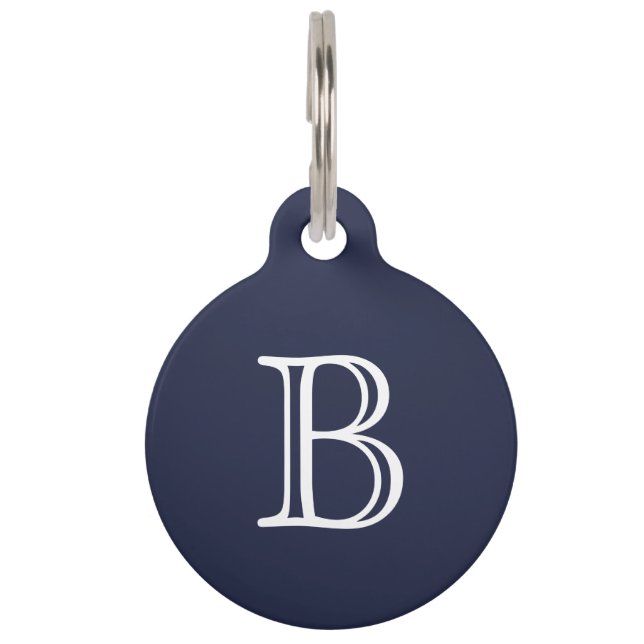 Midnight Blue White Monogram Initial Pet Tag (Front)