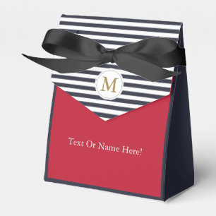 Midnight Blue White Striped Monogram Initial, Red  Favor Box