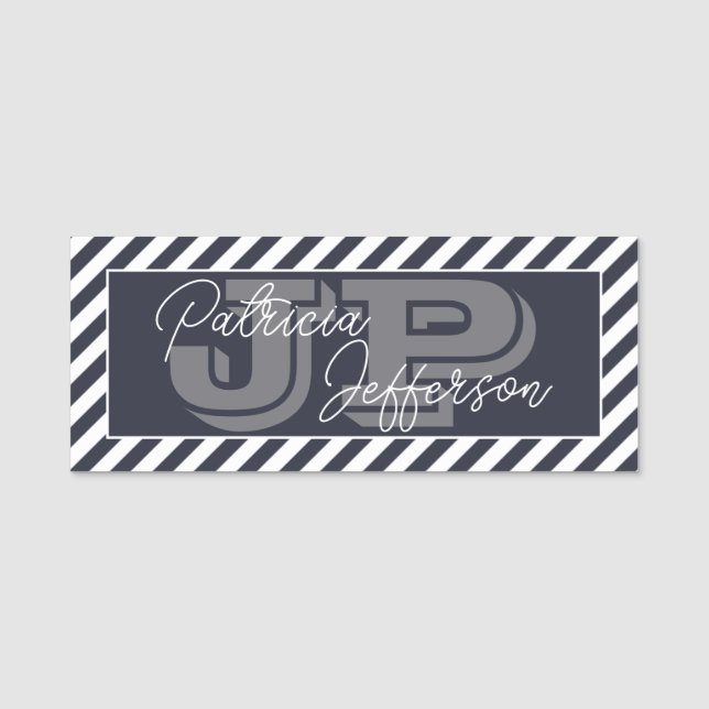 Midnight Blue White Striped Monogram Name Tag (Front)