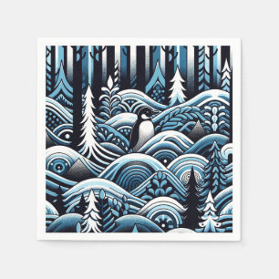 Midnight Blue Winter Forest With Cute Lone Penguin Napkin
