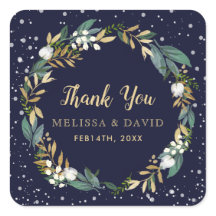 Midnight Blue Winter Wreath Thank You Stickers