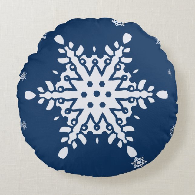 MIDNIGHT BLUE WITH SNOWY SNOWFLAKE HOLIDAY ROUND PILLOW (Front)