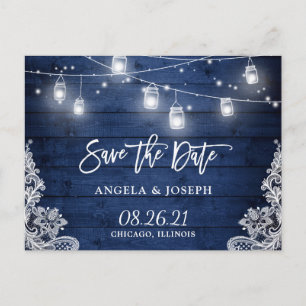 Midnight Blue Wood Mason Jar Light Save the Date Announcement Postcard