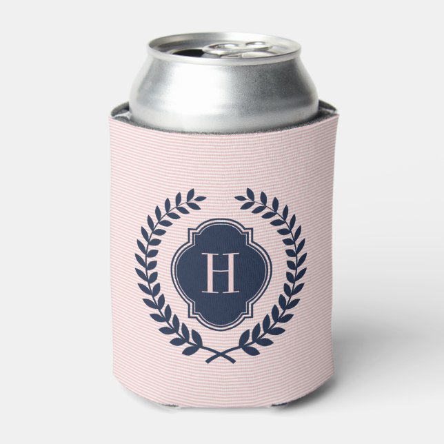Midnight Blue Wreath Crest Over Pink Stripes Can Cooler (Can Front)