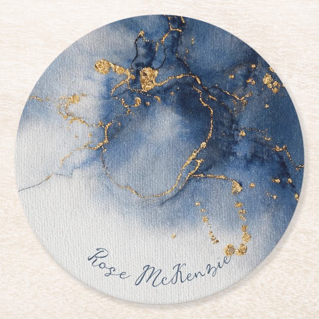 Midnight Blues and Golden Gleam Abstract Round Paper Coaster (Front)