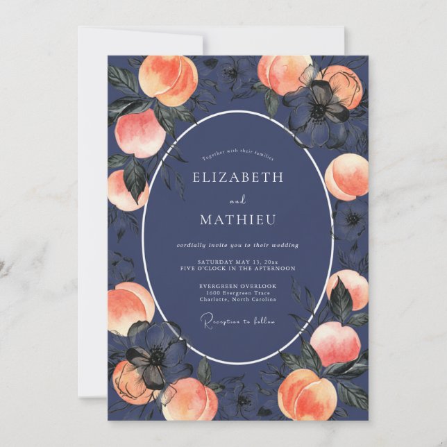 Midnight Blush Coral Petal Wedding Invitation (Front)