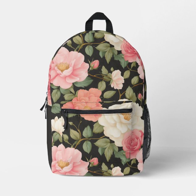 Midnight Blush Elegance Hand-Painted Style Roses Printed Backpack (Front)