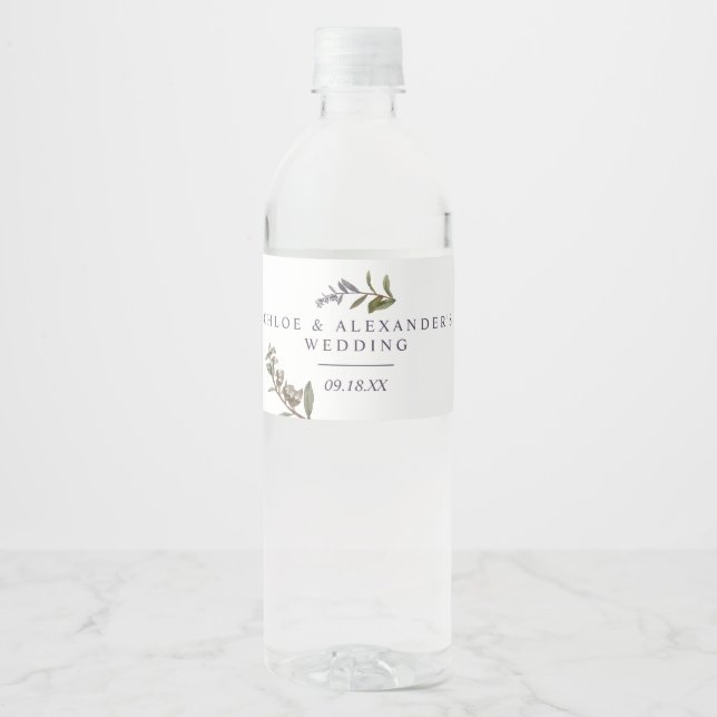 Midnight Botanical Wedding Water Bottle Label (Front)
