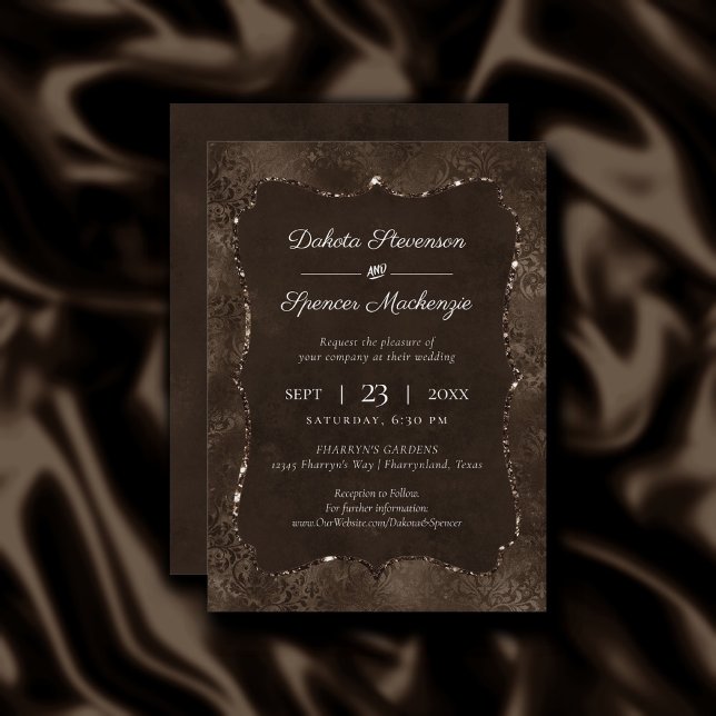 Midnight Bronze Romance | Satiny Grunge Damask Invitation (Creator Uploaded)