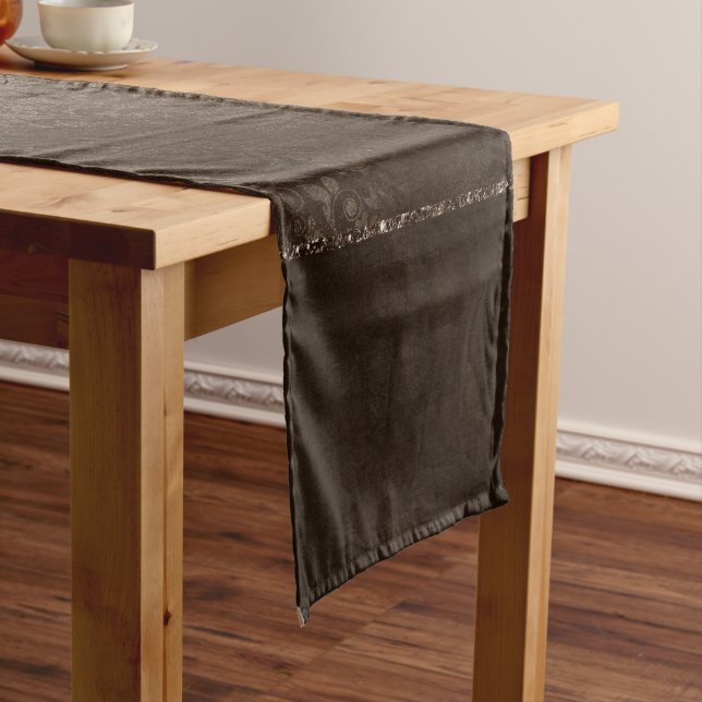 Midnight Bronze Romance | Satiny Grunge Damask Short Table Runner (In Situ)