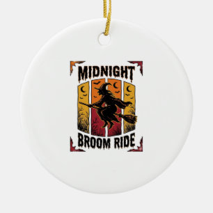Midnight Broom Ride Vintage Witch Halloween Graphi Ceramic Ornament
