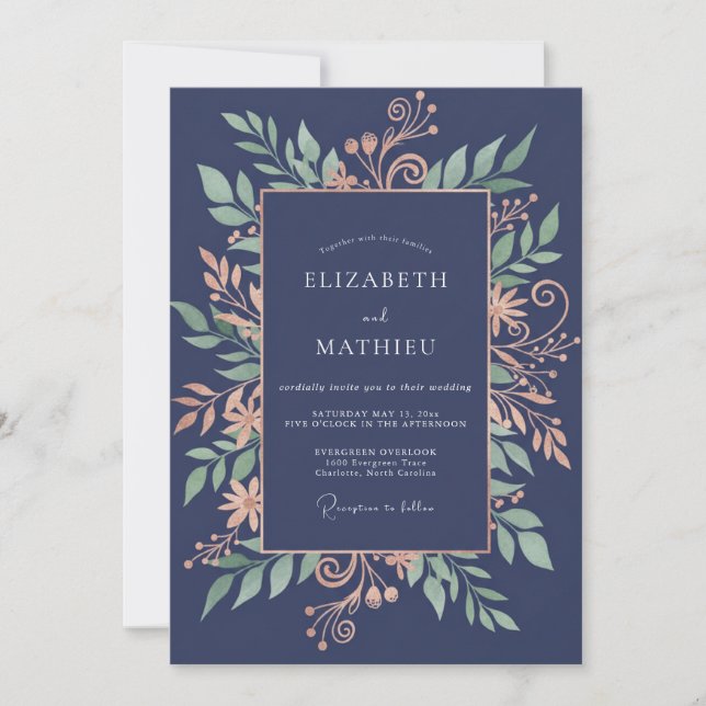 Midnight Burnished Copper Leafy Wedding Invitation (Front)