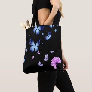 Midnight Butterfly Blue Floral Shoulder Tote Bag