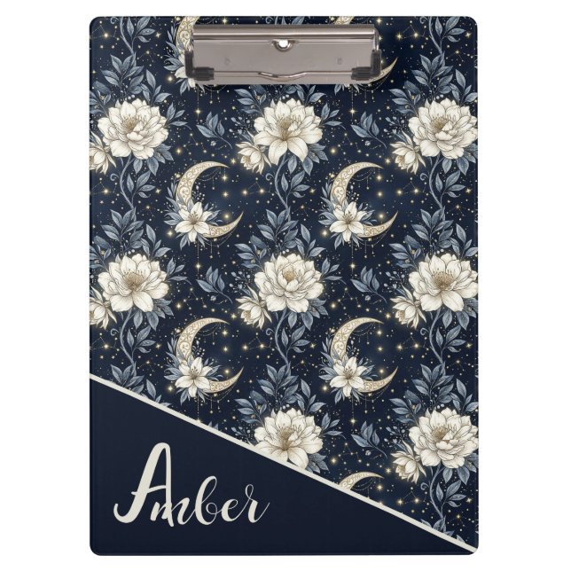 Midnight Celestial Floral & Crescent Moon Design  Clipboard (Front)