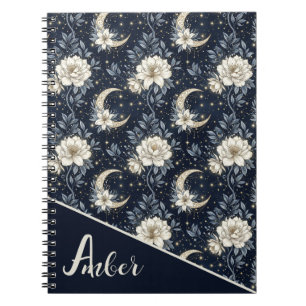 Midnight Celestial Floral & Crescent Moon Design Notebook