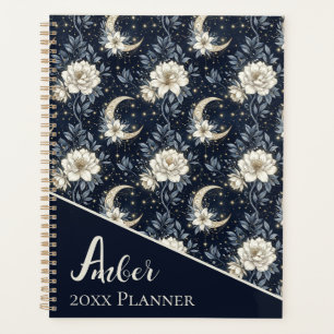 Midnight Celestial Floral & Crescent Moon Design Planner
