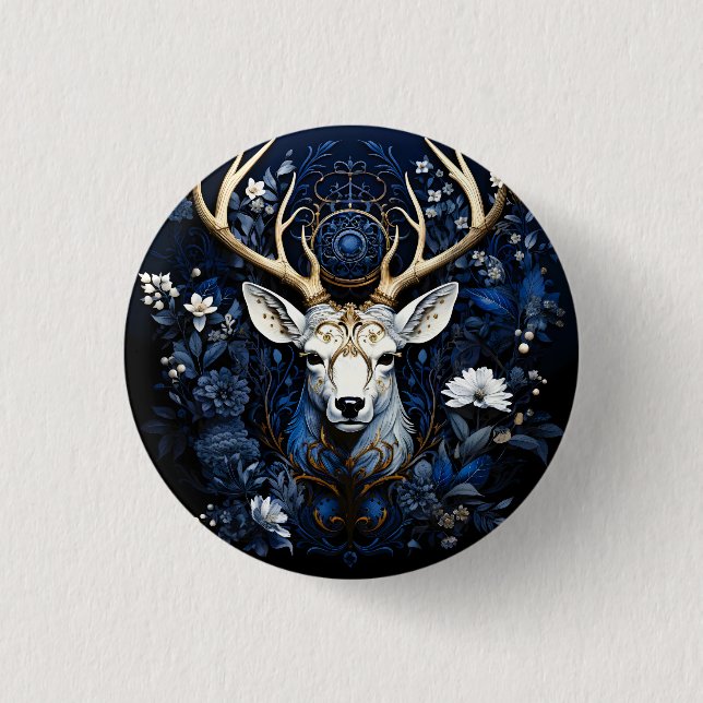 Midnight Celestial Floral Gothic Deer  1 Inch Round Button (Front)