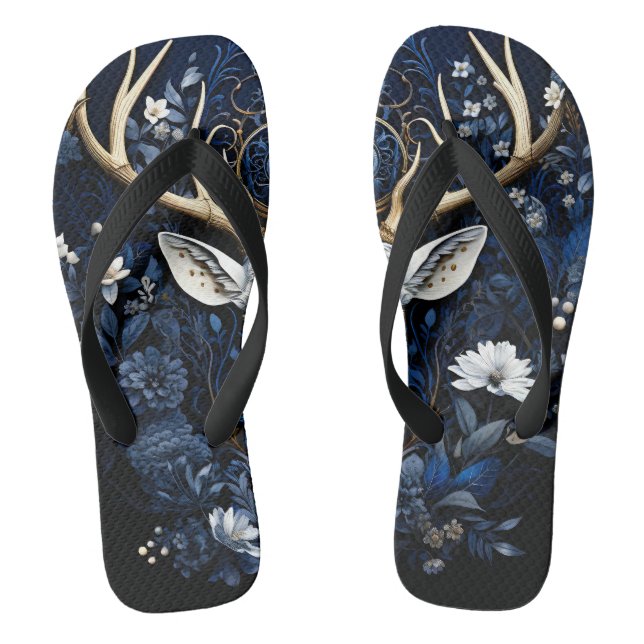 Midnight Celestial Floral Gothic Deer  Flip Flops (Footbed)