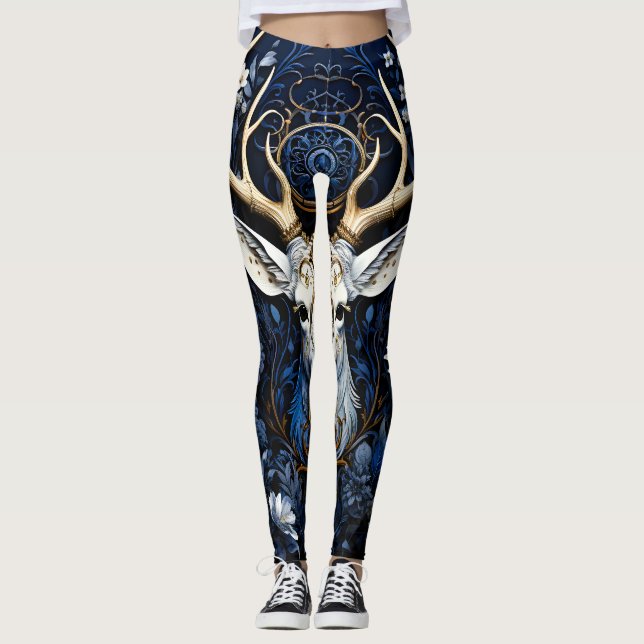 Midnight Celestial Floral Gothic Deer  Leggings (Front)