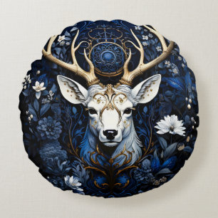 Midnight Celestial Floral Gothic Deer  Round Pillow