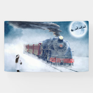Midnight Christmas Train with Girl and Santa Banner