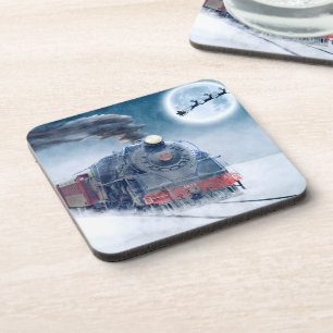 Midnight Christmas Train with Girl and Santa Coaster