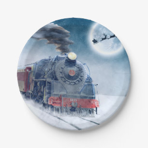 Midnight Christmas Train with Girl and Santa Paper Plate