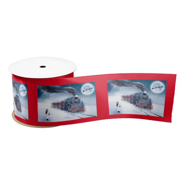 Midnight Christmas Train with Girl and Santa Satin Ribbon (Spool)