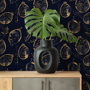 Midnight Citrus   Gold and Navy Lemon Wallpaper