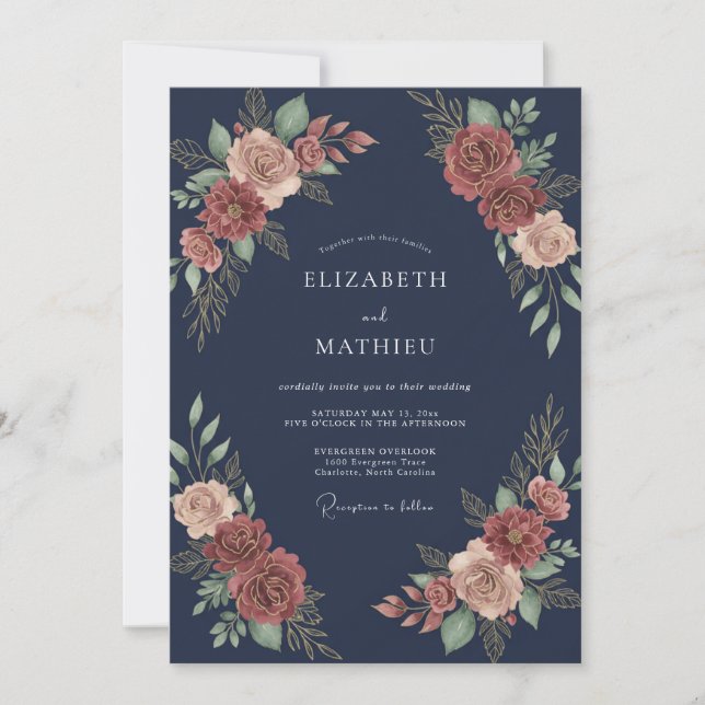 Midnight Copper Blossom Wedding Invitation (Front)