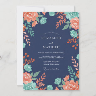 Midnight Coral Leafy Wedding Invitation
