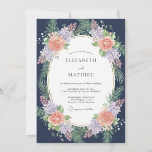 Midnight Coral Lilac Wreath Wedding Invitation