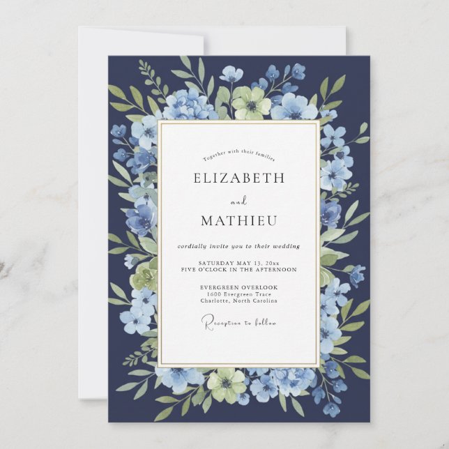 Midnight Cornflower Wreath Wedding Invitation (Front)