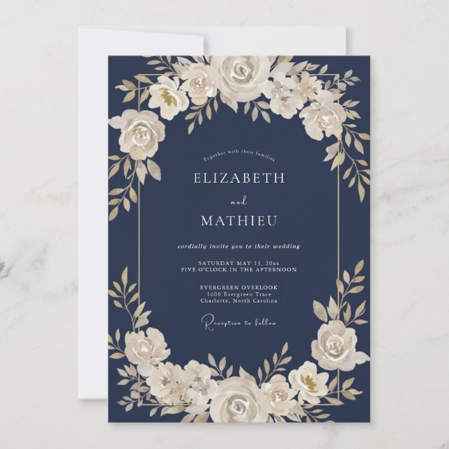 Midnight Cream Wreath Wedding Invitation (Front)