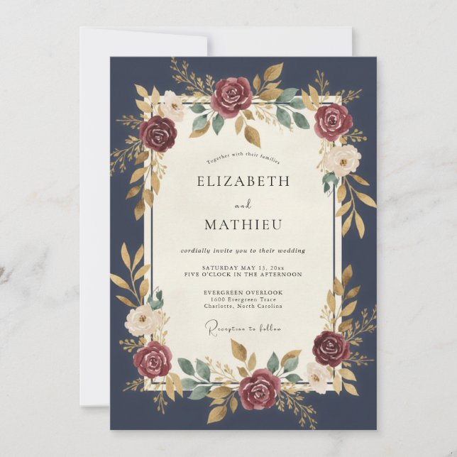 Midnight Crimson Dahlia Wedding Invitation (Front)