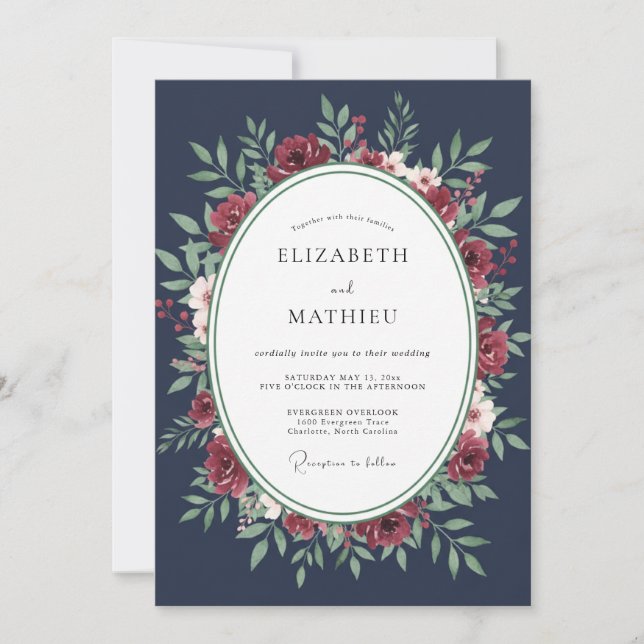 Midnight Crimson Wreath Wedding Invitation (Front)