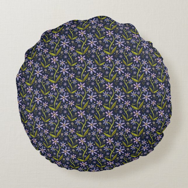 Midnight | Dancing Watercolor Daisies Apron Round Pillow (Back)