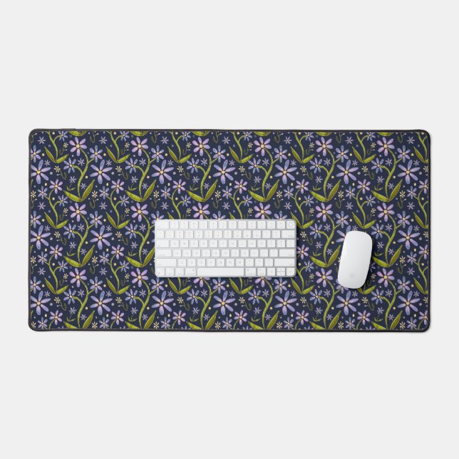 Midnight | Dancing Watercolor Daisies Desk Mat (Keyboard & Mouse)